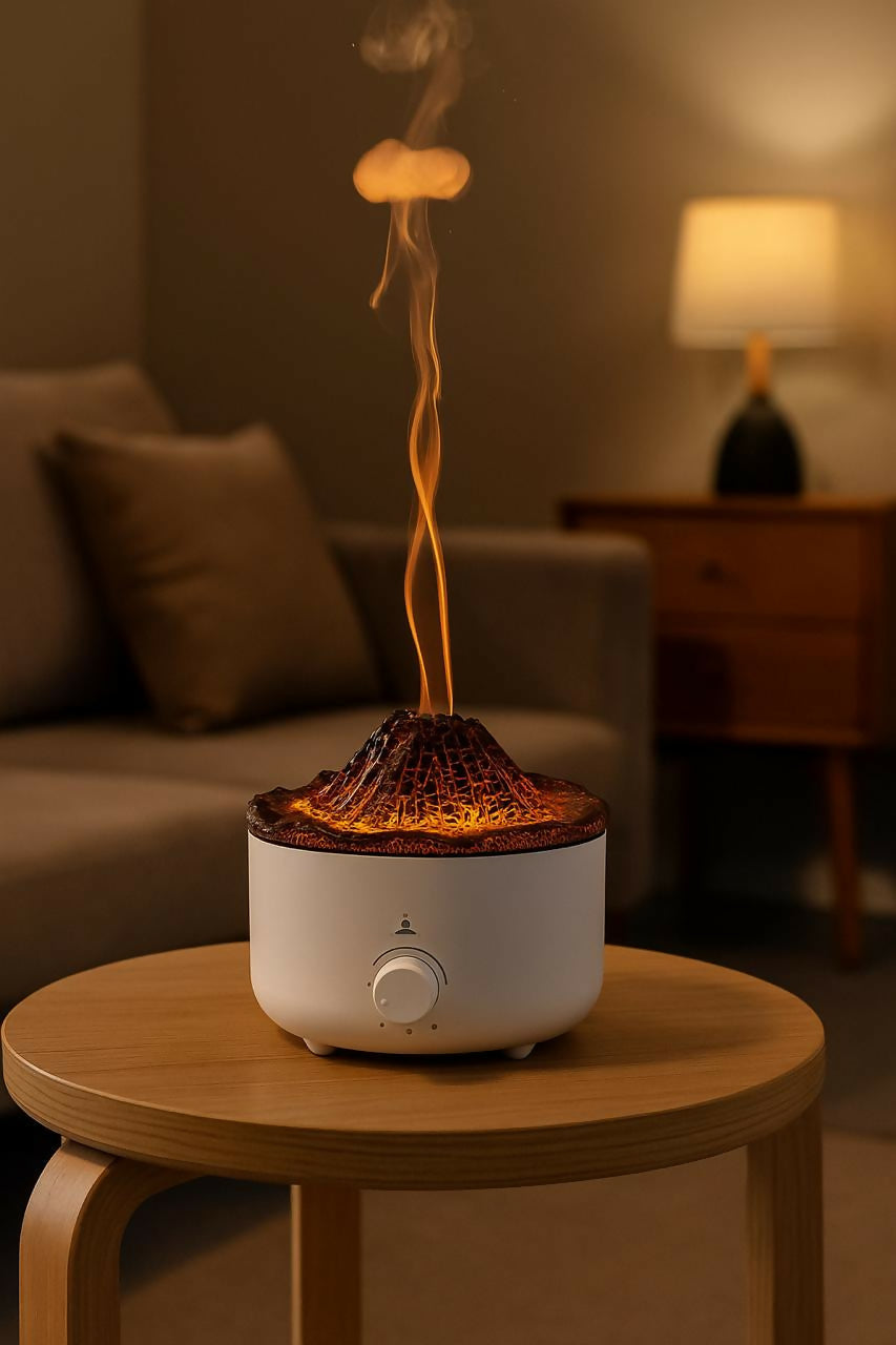 HOME DECOR Flame Effect Ultrasonic Humidifier – 3D Volcano Design Aroma Diffuser with Adjustable Mist, Ambient LED Lighting, Essential Oil Compatible, Quiet Operation for Bedroom, Office & Home Déco