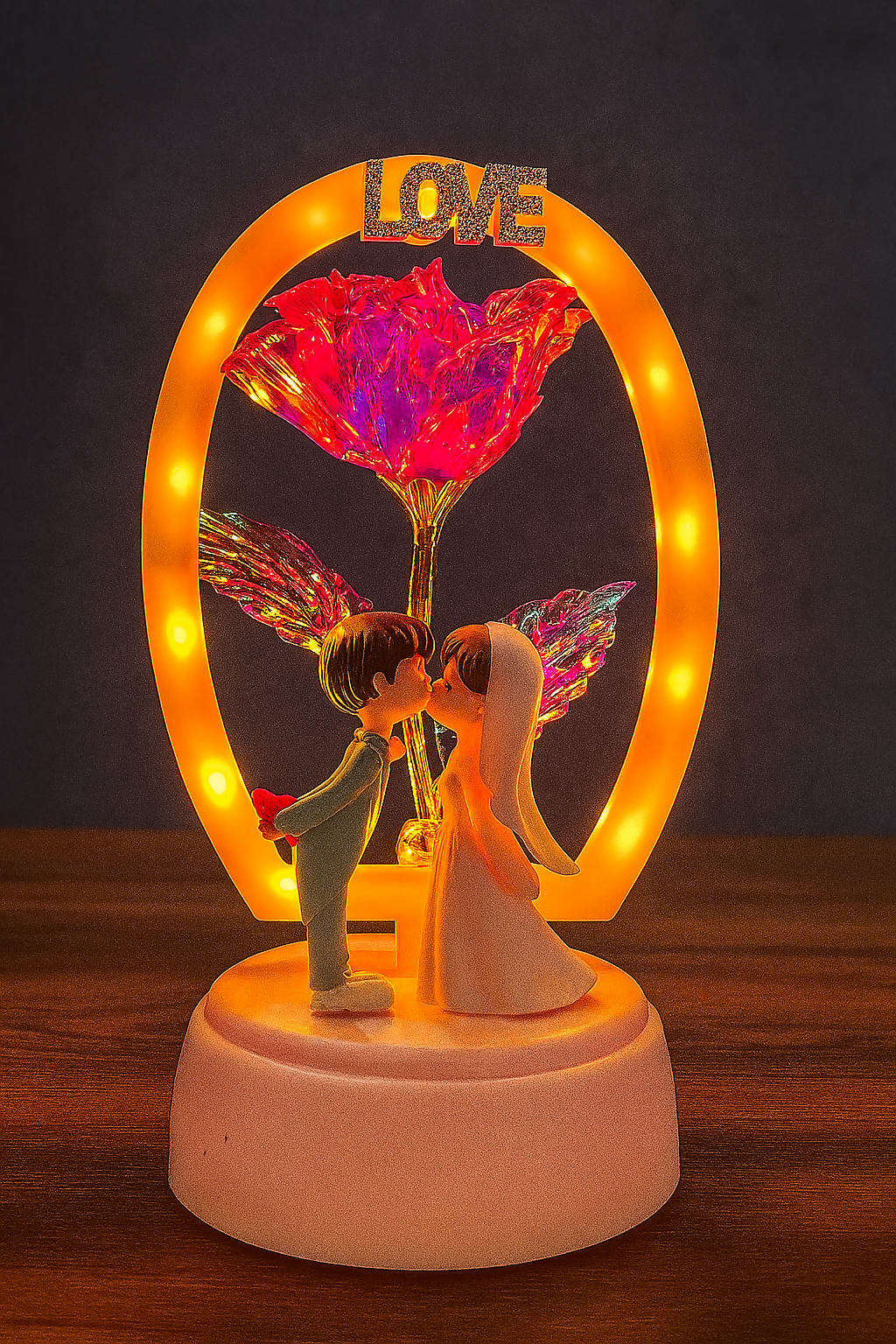 Romantic LED Rose Couple Figurine Showpiece with LOVE Light – Wedding Bride & Groom Night Lamp Gift for Valentine, Anniversary, Birthday, and Bedroom Table Decor