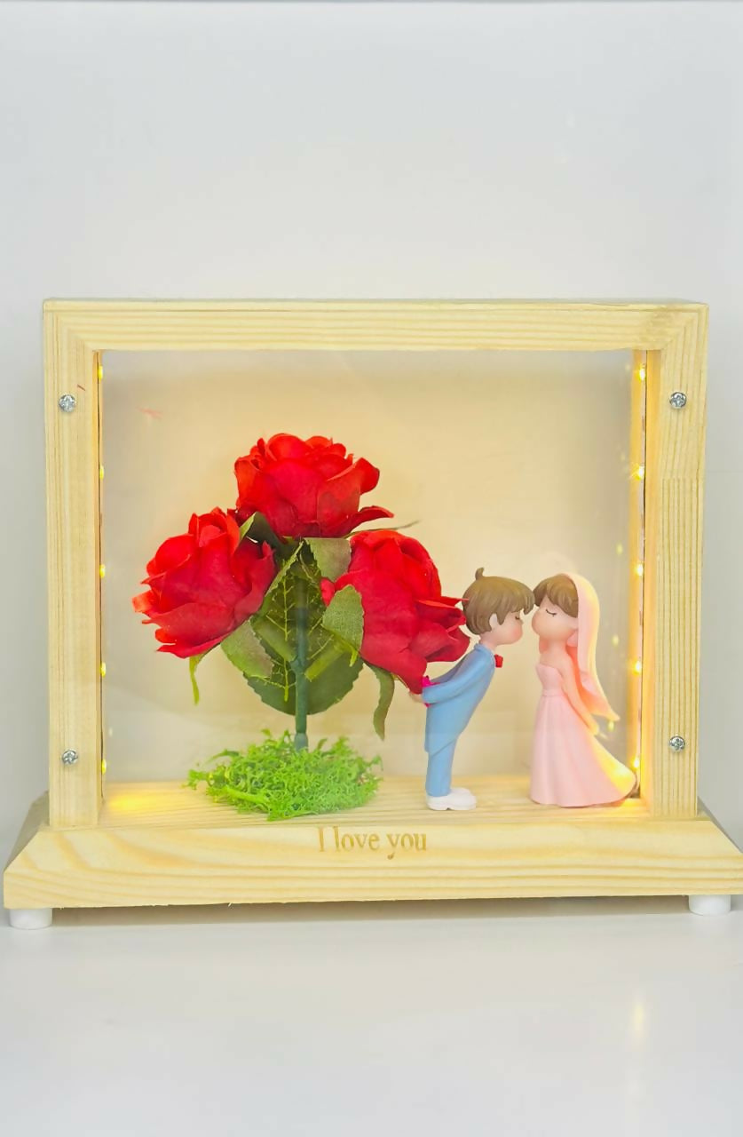 Wooden Shadow Box with LED Lights, Artificial Roses & Adorable Love Couple Miniatures – Romantic Home Decor Gift for Girlfriend, Wife, or Wedding Anniversary