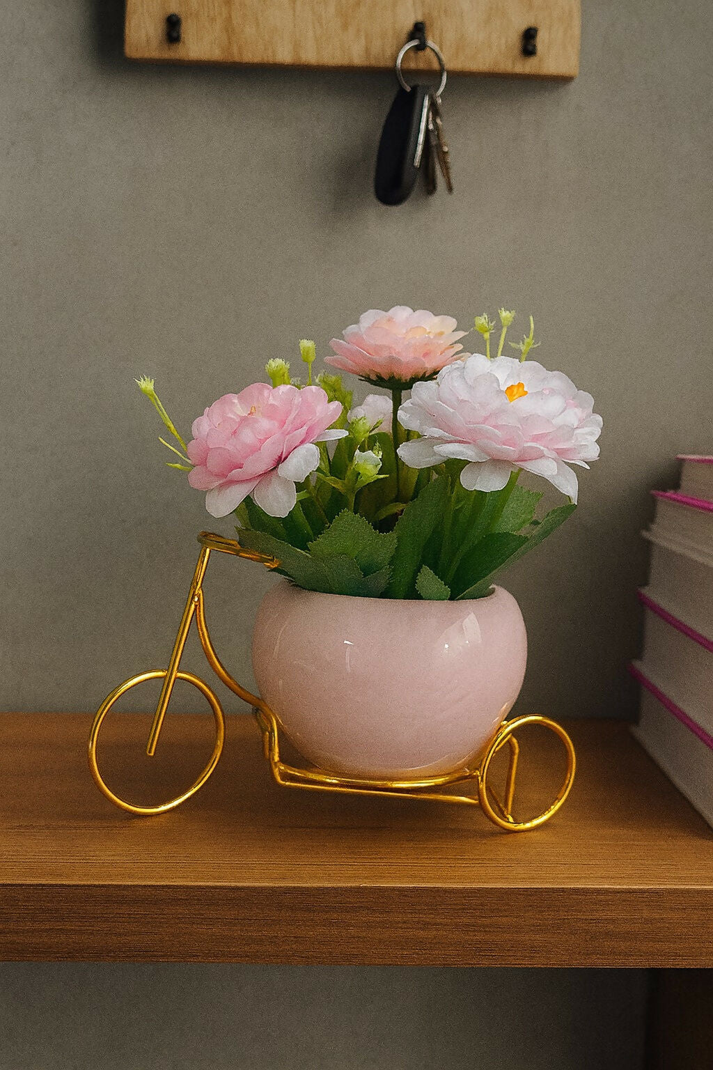 Artificial Pink Rose Flower Arrangement in Glossy Light Pink Ceramic Pot with Golden Bicycle Stand – Elegant Decorative Table Centerpiece for Home, Office, and Gifting