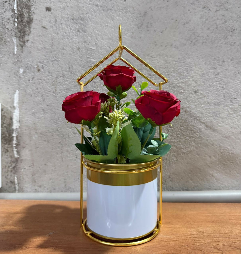 Artificial Red Rose Flower Arrangement in White & Gold Metal Pot with Geometric Stand – Elegant Decorative Centerpiece for Home, Office, and Gifting