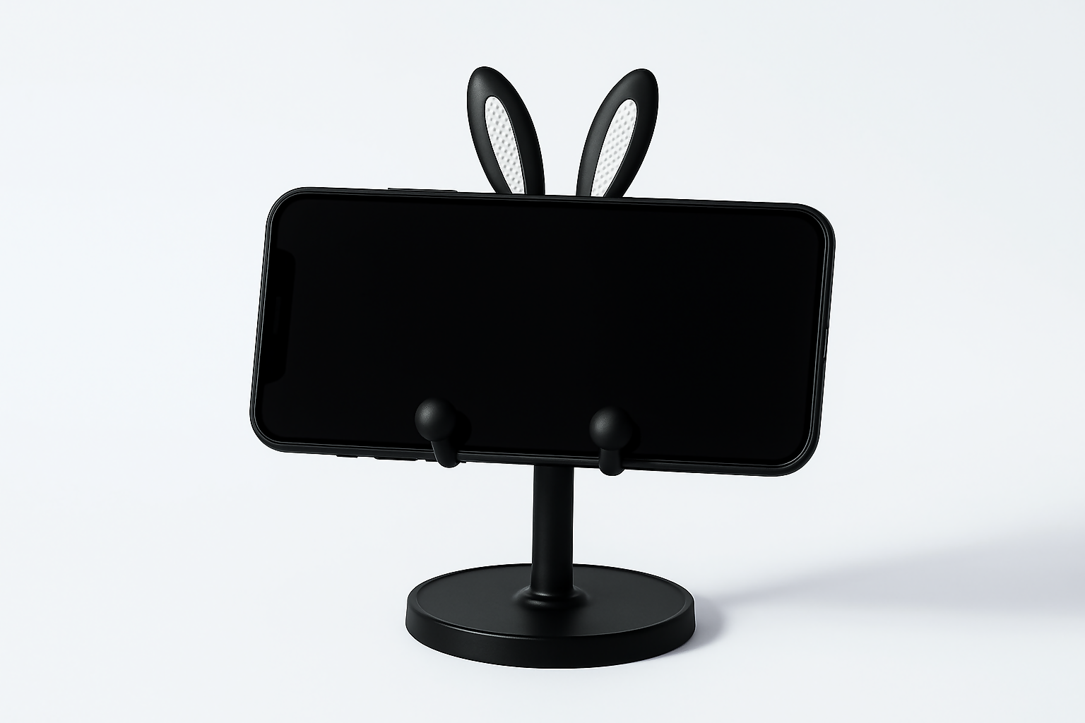 Cute Bunny Ear Mobile Phone Stand – Adjustable Desk Holder for Smartphones and Tablets – Black Minimalist Design for Office, Home, and Kids’ Study Table