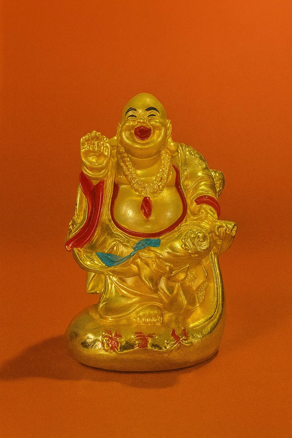 Standing Laughing Buddha Idol with Raised Hand – Golden Feng Shui Statue for Home, Office, and Shop Decor – Resin Showpiece for Wealth, Happiness & Protection