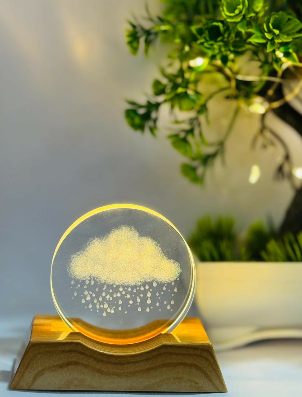 Rain Cloud Design 3D Acrylic LED Night Lamp with Premium Wooden Base – USB Powered Mood Light with Soft Yellow Glow | Nature-Inspired Table Lamp for Bedroom, Kids Room, Study & Aesthetic Home Decor