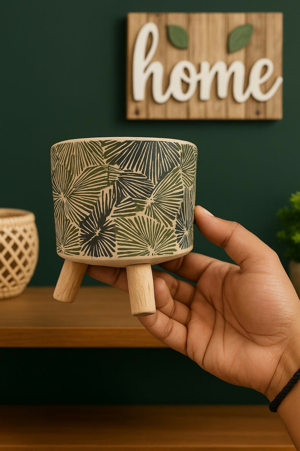 Mini Ceramic Planter Pot with Wooden Stand – Tropical Leaf Pattern Indoor Plant Pot for Succulents, Cacti & Herbs – Boho Decorative Pot for Home, Office, or Tabletop Decor – Handheld Size