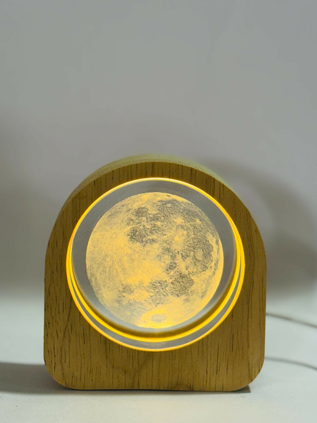 Moon Surface Theme 3D Crystal Glass LED Night Lamp with Wooden Frame – USB Powered Warm Light Table Lamp | Unique Moonlight Lamp for Bedroom, Study, Living Room & Gifting