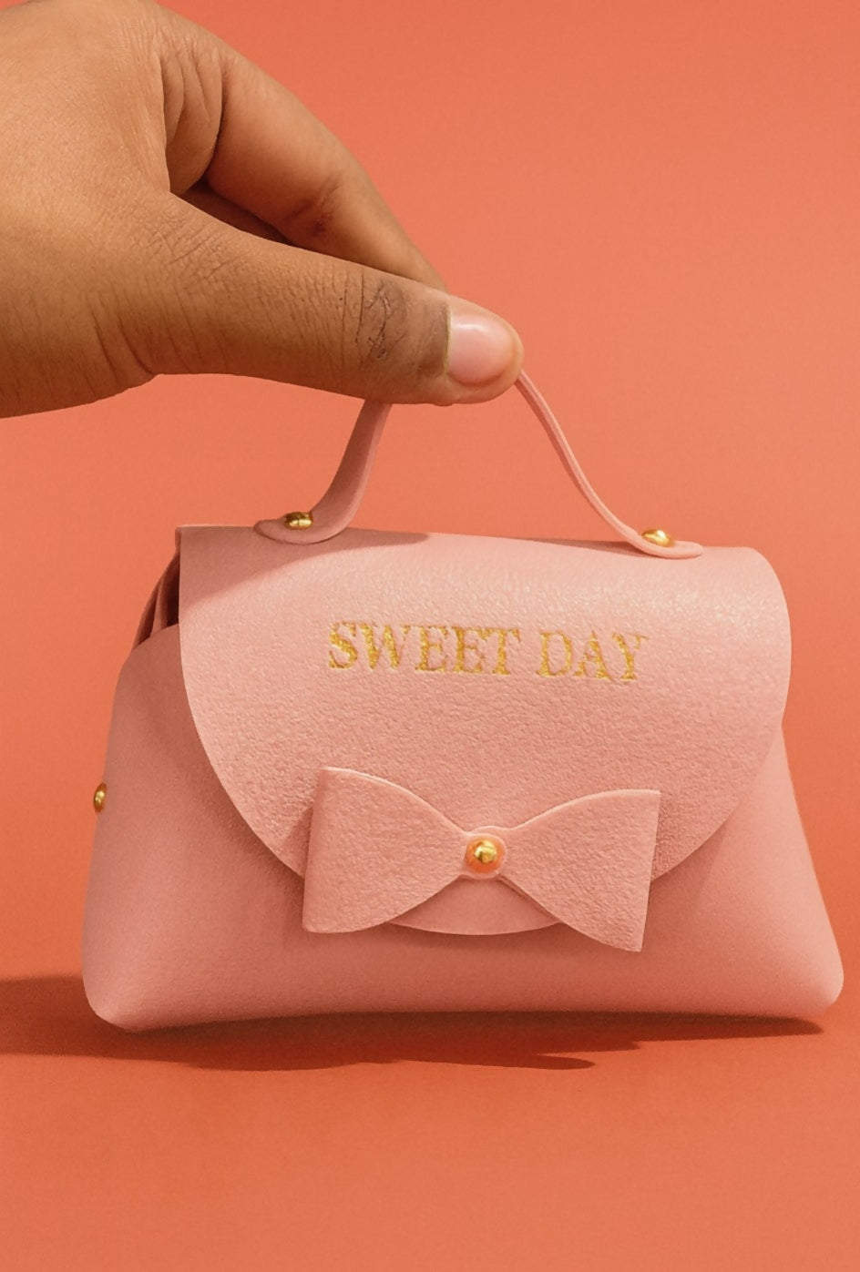 Cute Pink PU Leather Mini Handbag with Bow and "SWEET DAY" Print | Small Gift Pouch for Girls, Women | Jewelry Storage Box, Candy Bag, Return Gift for Birthday & Events
