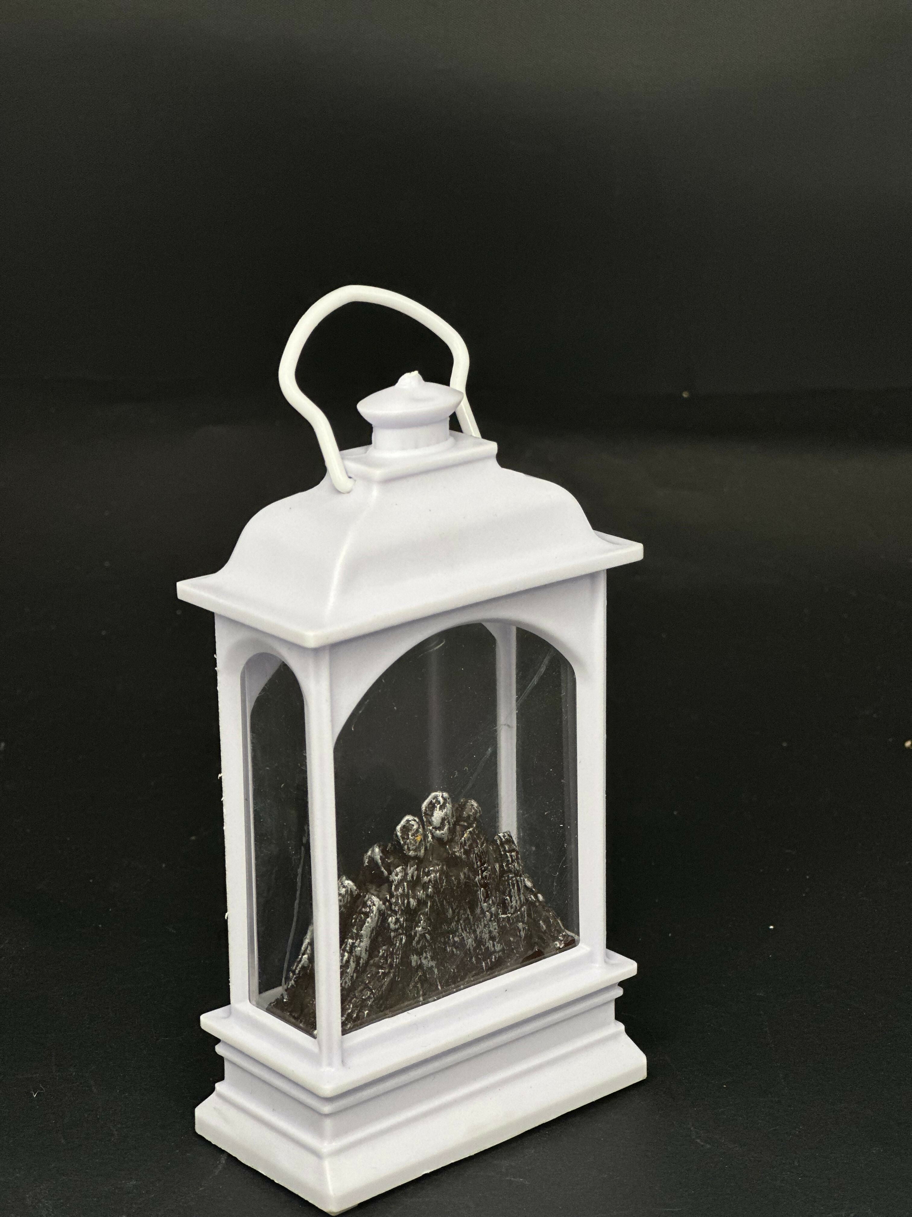 Mini Decorative LED Fireplace Lantern with Glowing Ember Effect – White Vintage Style Portable Tabletop Lamp for Home Décor, Festive Ambience, and Cozy Room Accents – Battery Operated Flameless Fire Simulation Light