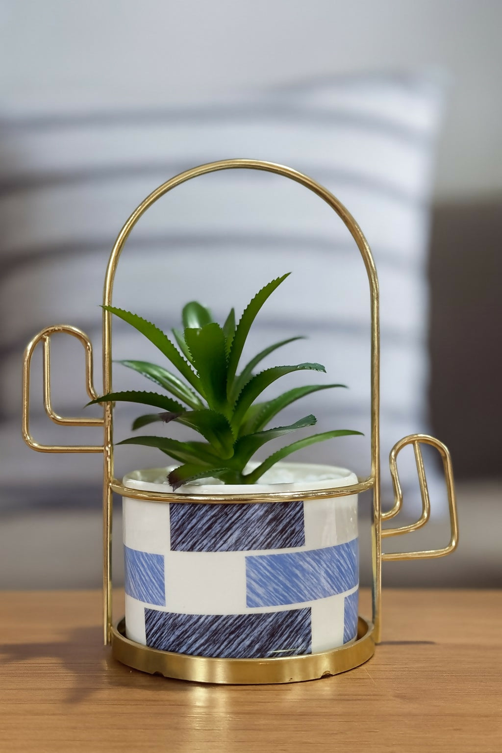 Modern Geometric Ceramic Planter with Artificial Aloe Vera Plant and Gold Metal Stand – Decorative Indoor Pot for Home, Office, and Gift Use