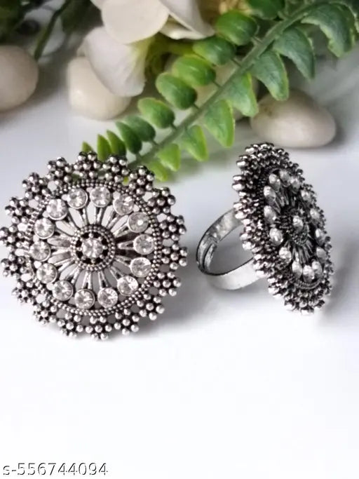 Silverplated Oxidised Big Adjustable Finger Ring studed With Artificial Stones