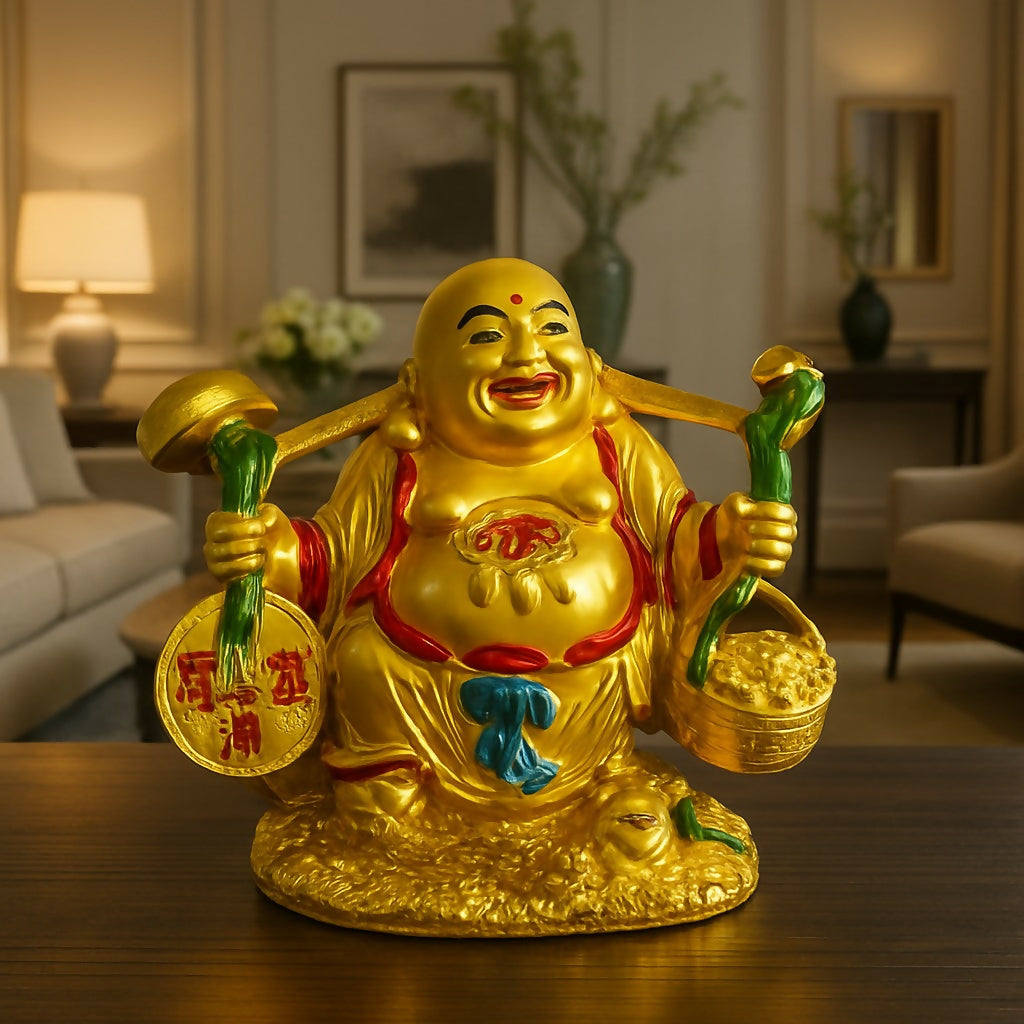 Colorful Laughing Buddha Idol with Wealth Symbols – Golden Resin Feng Shui Statue for Home, Office & Shop – Decorative Smiling Buddha with Gold Ingot, Coin & Potli for Good Luck, Happiness & Prosperity
