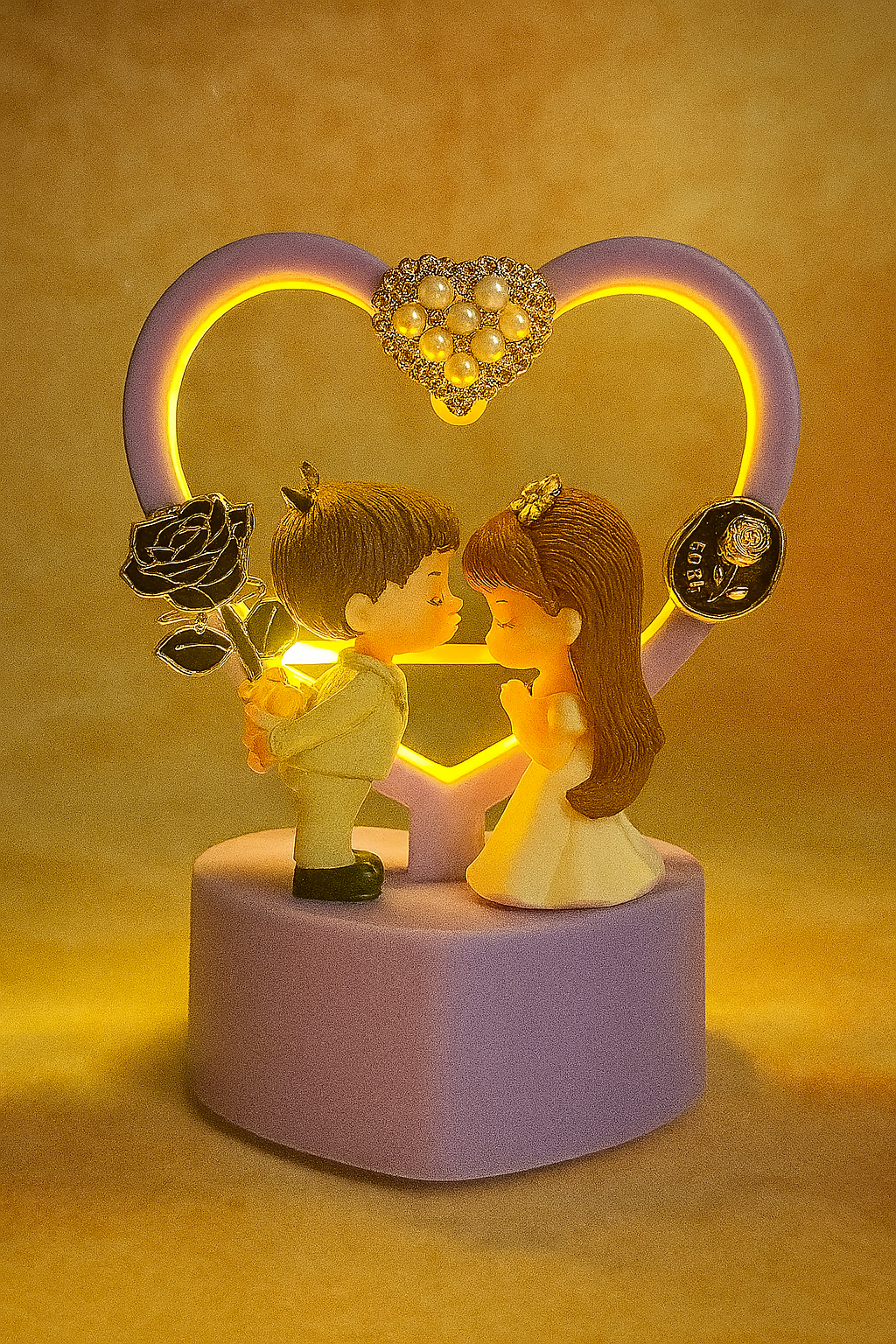Romantic Lavender LED Couple Showpiece with Heart Frame & Pearl Charms | Battery Operated Love Figurine Night Lamp | Wedding Anniversary Valentine Gift Home Decor