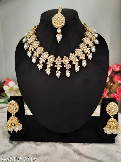 Goldplated Wedding And Festivewear Necklace Jumka And Mangtika Set With Pearlwork