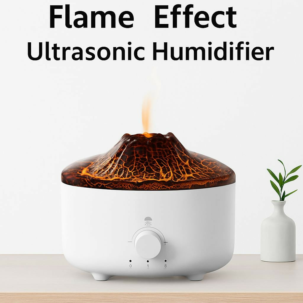 HOME DECOR Flame Effect Ultrasonic Humidifier – 3D Volcano Design Aroma Diffuser with Adjustable Mist, Ambient LED Lighting, Essential Oil Compatible, Quiet Operation for Bedroom, Office & Home Déco