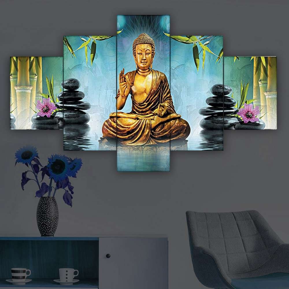 Buddha Set of Five 3D Framed Paintings for Wall Decoration – Ideal for Home, Living Room, and Bedroom (125 x 60 CM)