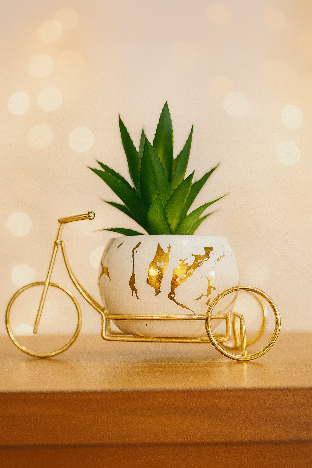 Golden Cycle-Shaped Planter Stand with White Ceramic Pot & Artificial Succulent | Stylish Tabletop Plant Decor for Home, Office, and Gifting | Miniature Bike Planter Showpiece