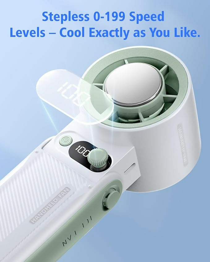 Portable Handheld Ice Fan with Cooling Metal Plate | 6000mAh Rechargeable Battery | 0-199 Speed Levels | USB Rechargeable Mini Fan with Digital Display | Foldable Desk & Travel Fan for Outdoor, Home & Office