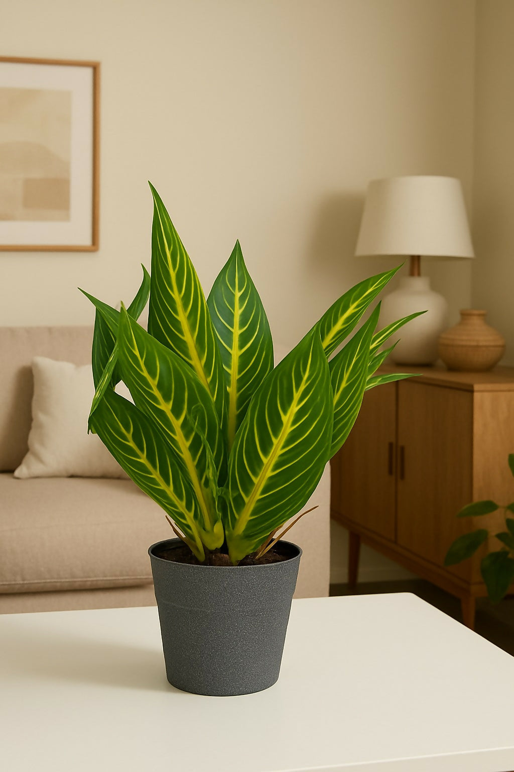 Artificial Zebra Leaf Plant with Black Pot – Realistic Decorative Faux Green Plant for Home, Office, and Tabletop Décor