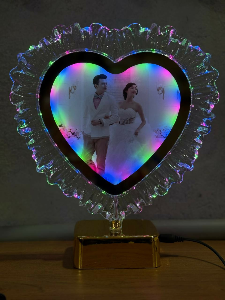 Romantic LED Crystal Heart Photo Frame with Golden Base | Personalized Wedding Anniversary Gift for Couples, Birthday, Valentine’s Day, Home Décor Night Lamp