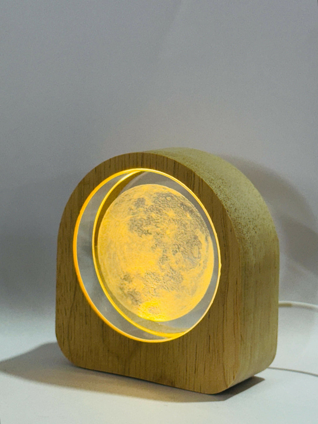 Moon Surface Theme 3D Crystal Glass LED Night Lamp with Wooden Frame – USB Powered Warm Light Table Lamp | Unique Moonlight Lamp for Bedroom, Study, Living Room & Gifting