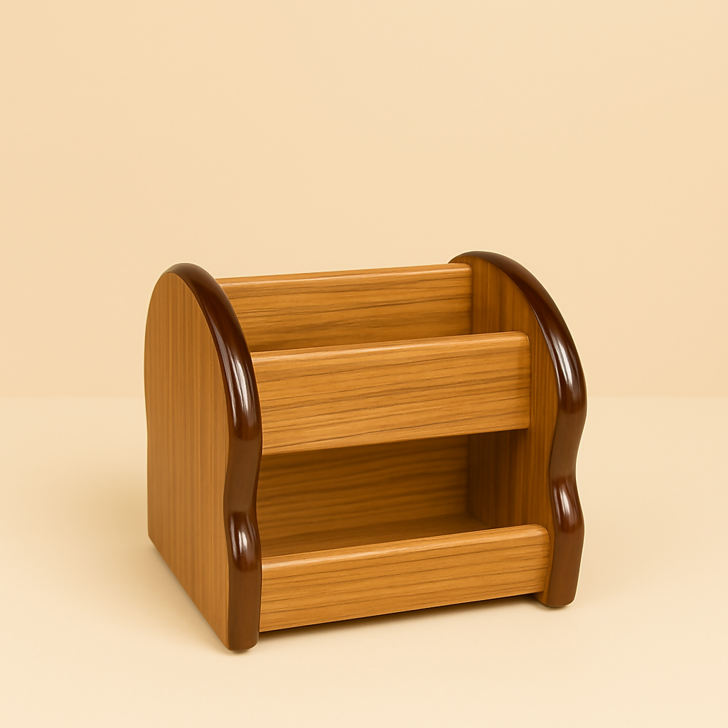 Elegant Wooden Desk Organizer with Dual-Tier Storage – Office Tabletop Caddy for Pens, Stationery, and Accessories – Premium Brown Curved Edge Design for Home and Office Deco