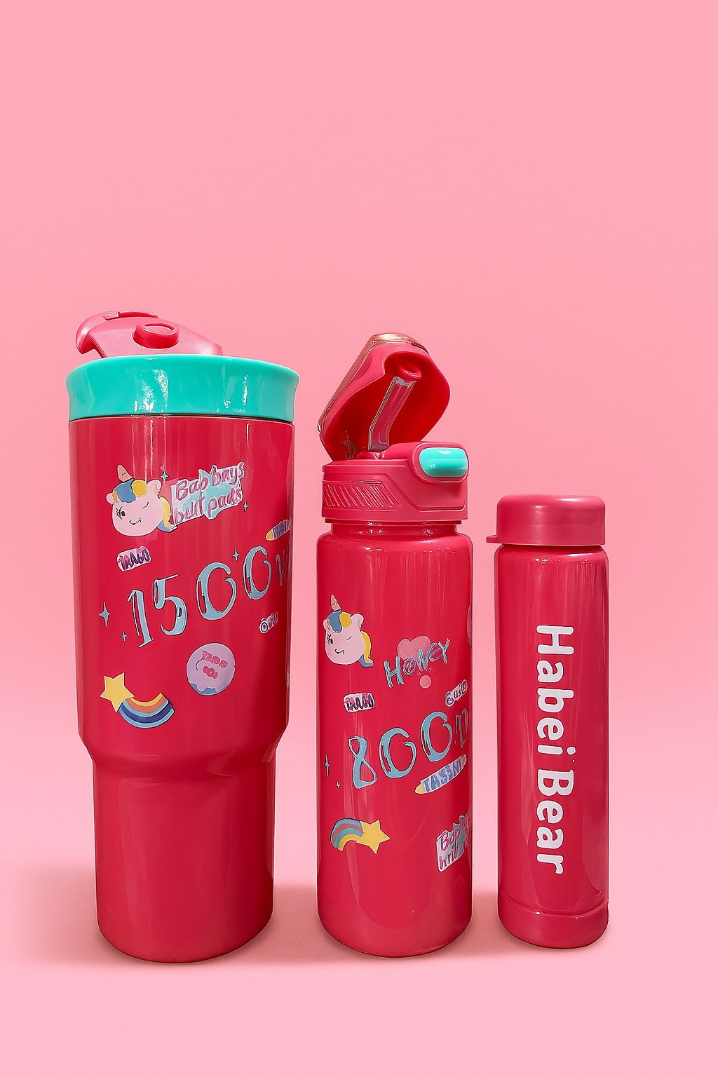 Set of 3 Cute Cartoon Water Bottles for Kids – Leak-Proof Plastic Sipper & Tumbler Bottles with Flip Lid and Unicorn Prints (1500ml, 800ml, 500ml)