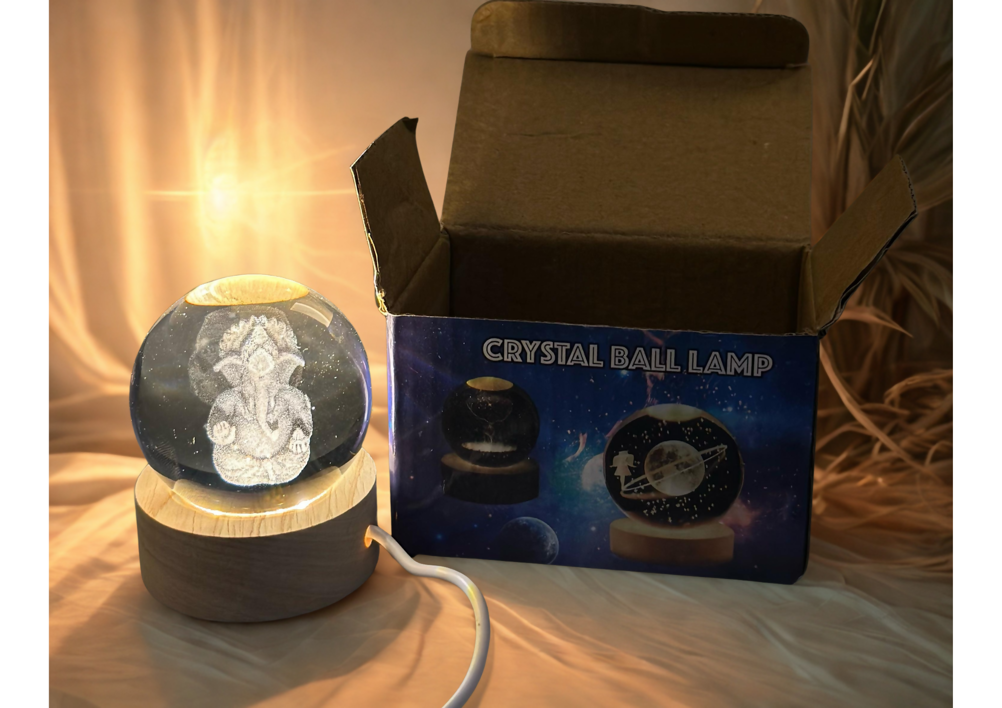 3D Crystal Ganesha LED Night Lamp Crystal Ball Night Lamp,Creative Engraved Crystal Ball Night Light, USB Table LED Wooden Crystal Ball for Home Office Decoration Birthday Gift Adults, Ganesh Ganesha