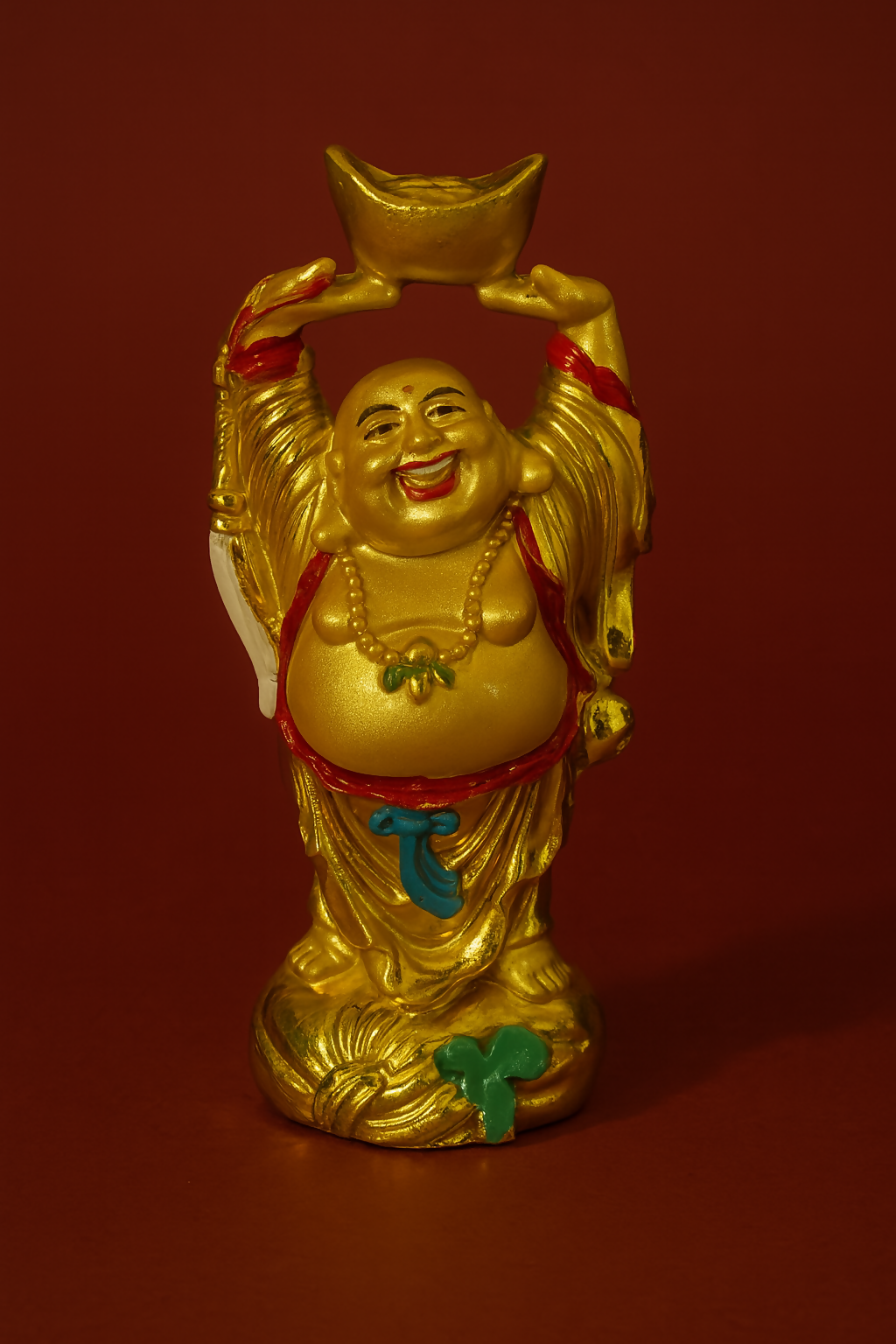 Golden Laughing Buddha Idol Holding Wealth Ingot – Smiling Buddha Showpiece