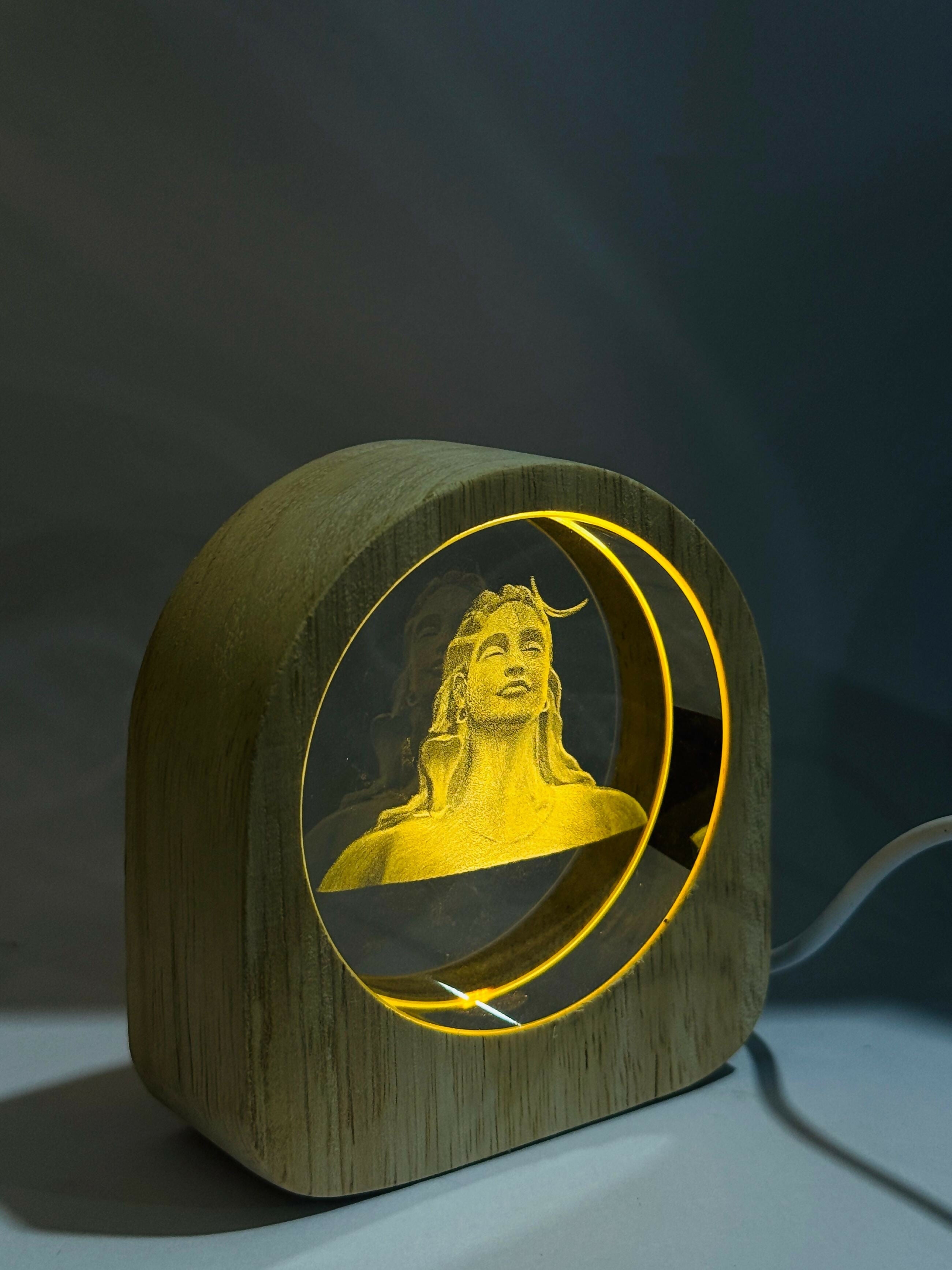 Premium Wooden Frame LED Night Lamp with 3D Lord Shiva Laser Engraved Crystal Glass – Touch Sensor Light | Home Décor Spiritual Gift for Office, Bedroom, Pooja Room | USB Powered Table Lamp (Yellow Glow)