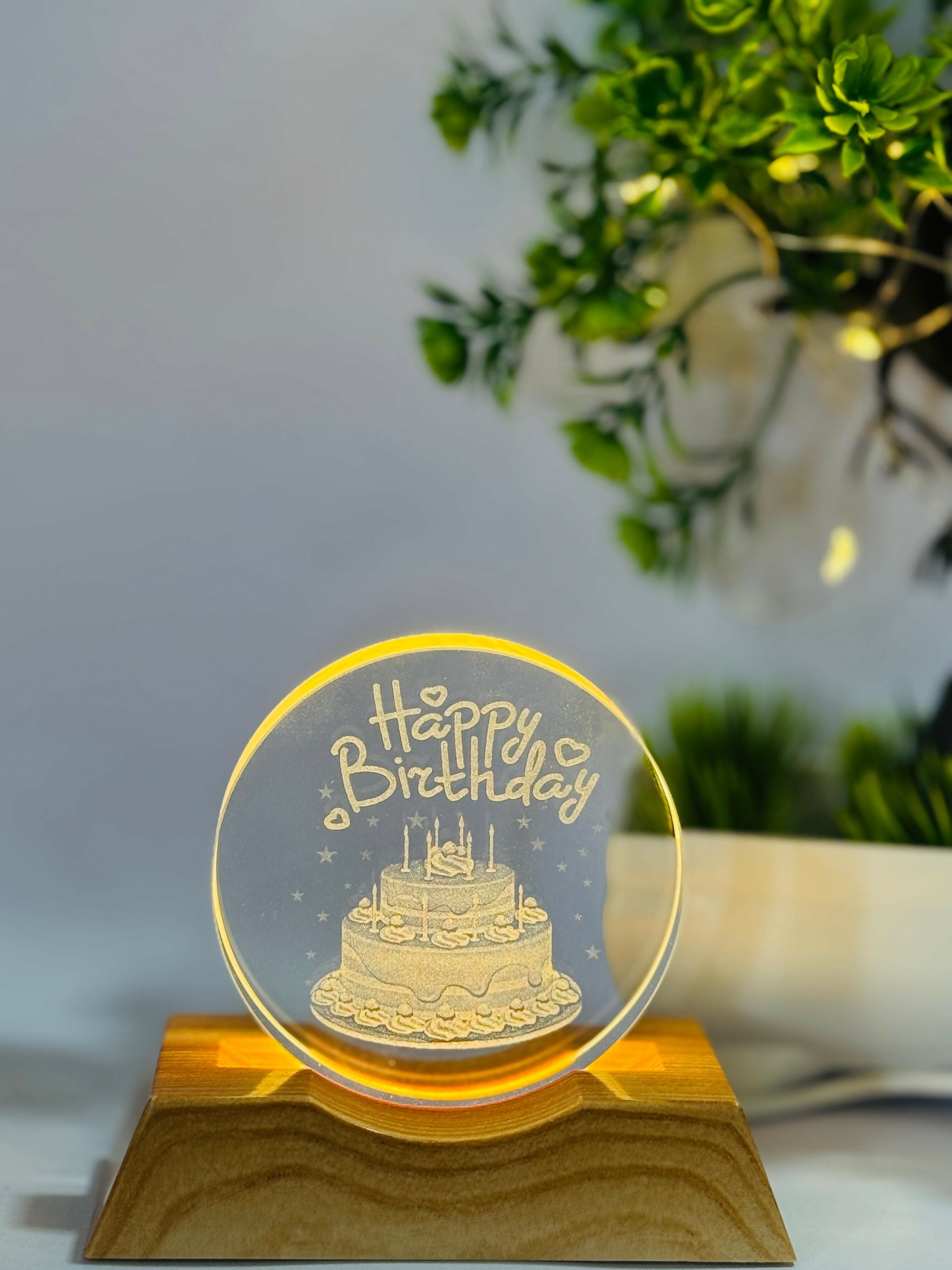 Happy Birthday 3D Acrylic LED Night Lamp with Wooden Base – Laser Engraved Birthday Cake Design | USB Powered Warm Light Table Decor | Unique Birthday Gift for Friends, Kids & Family