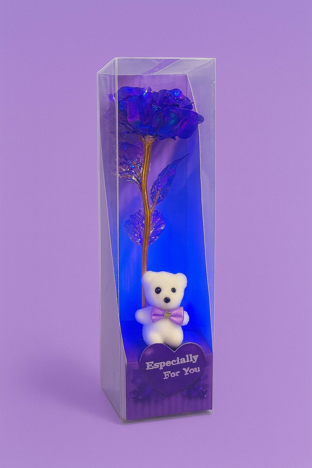 Set of 7 "Especially for You" Teddy with Eternal Golden Rose Gift Box – Multicolor Decorative Rose and Cute Bear Combo for Gifting, Love, Anniversary, Birthday, Valentine’s Day – Premium Romantic Gift Set