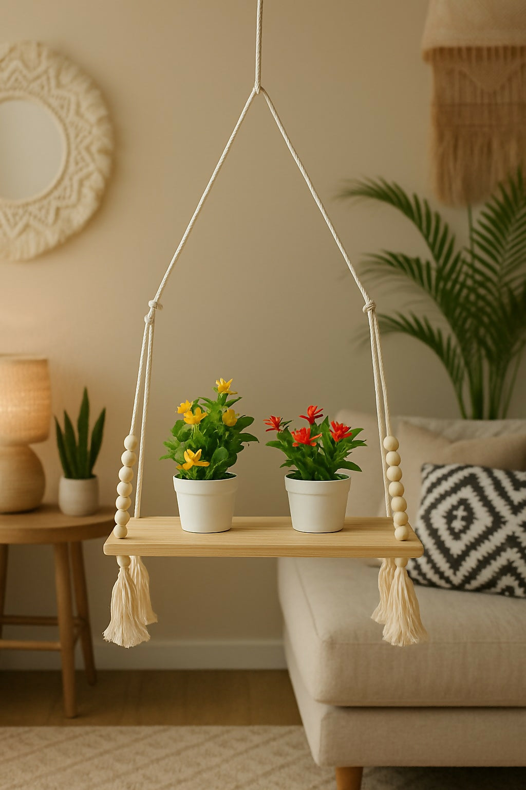 Product Title (Long Name): Handcrafted Hanging Wooden Shelf with Rope and Beads – Macrame-Inspired Indoor Plant Holder with 2 Artificial Bonsai Plants – Rustic Boho Wall Décor for Home, Balcony, Living Room