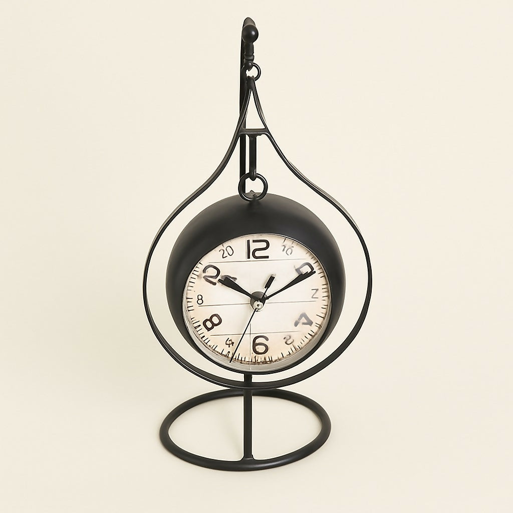 HOME DECOR Antique Hanging Table Clock with Iron Stand – Vintage Style Desk Clock with Rustic Black Frame and Classic Analog Dial – Decorative Timepiece for Home, Office, Living Room & Gifting