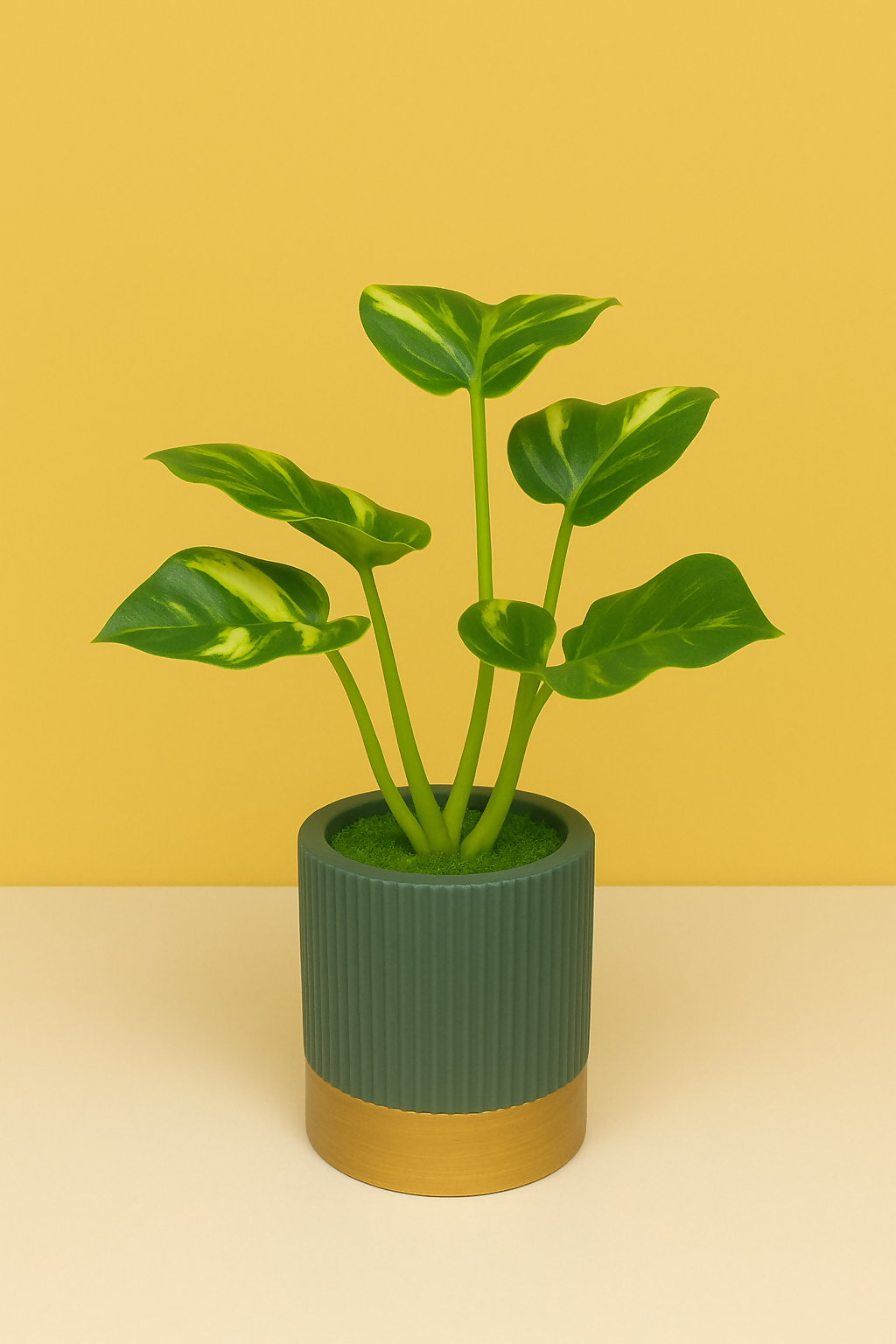 Artificial Monstera Plant in Premium Ribbed Ceramic Pot with Golden Base | Small Faux Indoor Desk Plant for Home, Office, Bedroom & Table Décor