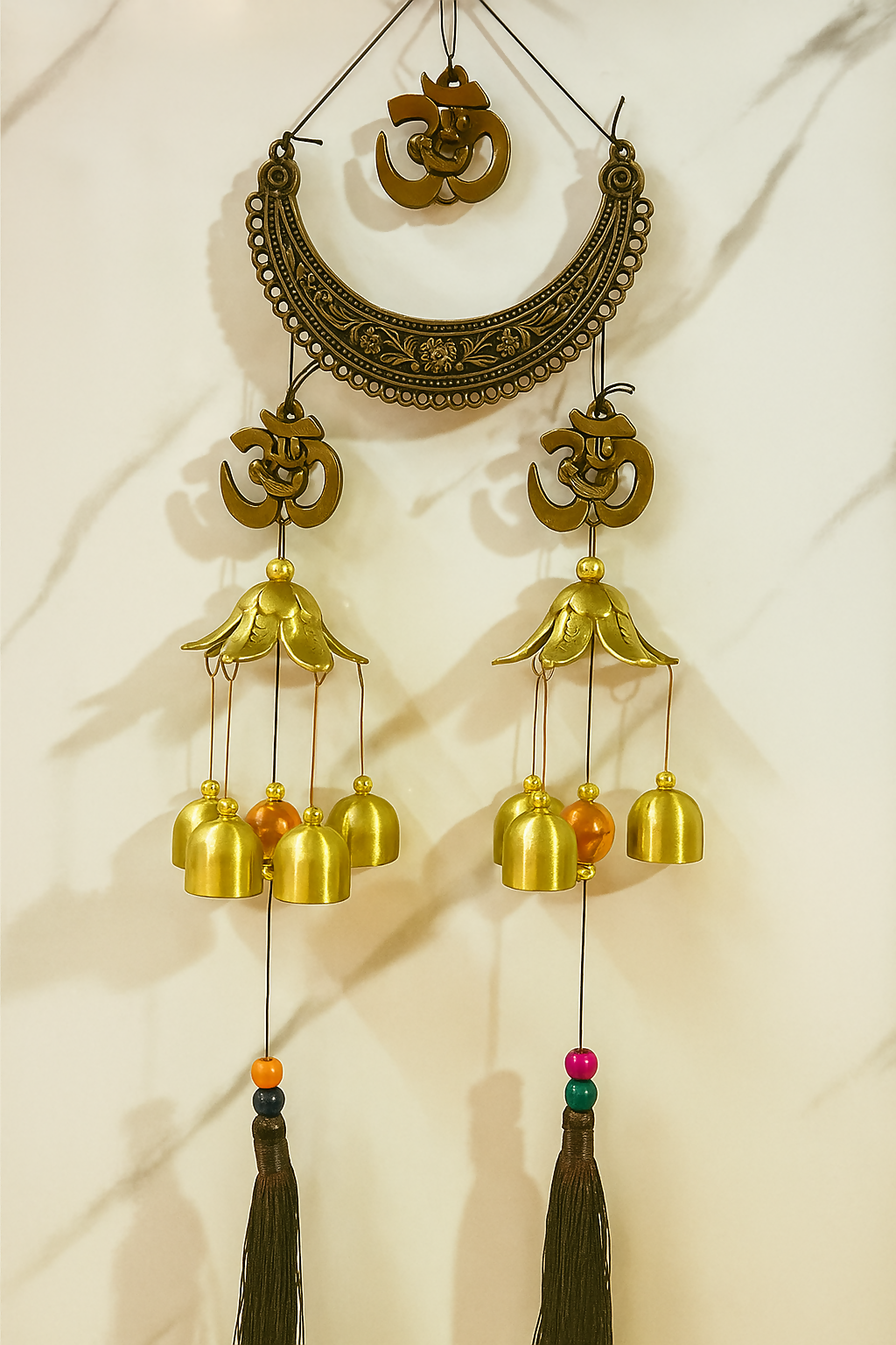 Traditional Om Symbol Brass Wind Chime with 7 Golden Bells and Lotus Dome – Ethnic Wall Hanging for Home Temple, Vastu & Spiritual Decor – Soothing Sound Ornament with Tassels for Indoor/Outdoor Blessings