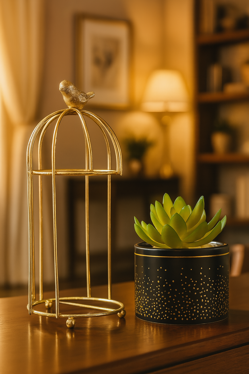 Luxury Black Ceramic Pot with Artificial Succulent in Gold Bird Cage Stand | Modern Home & Office Tabletop Decor | Decorative Planter Gift for Housewarming, Diwali, and Festivals