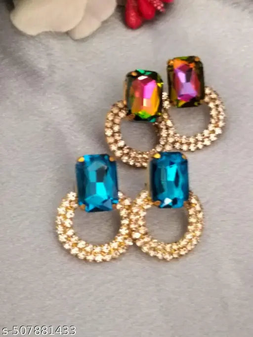 Combo of 2 Seablue and Multicolored Partywear Stud Earrings with Studded Diamonds