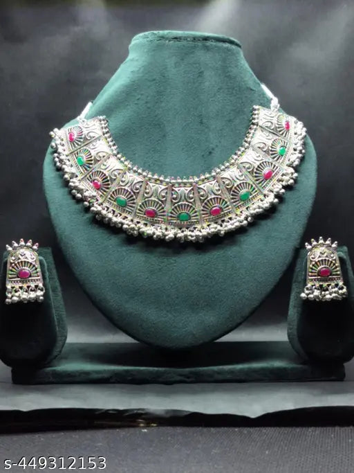 Oxidised Necklace Earring ChokarSet With Red And Green Stone