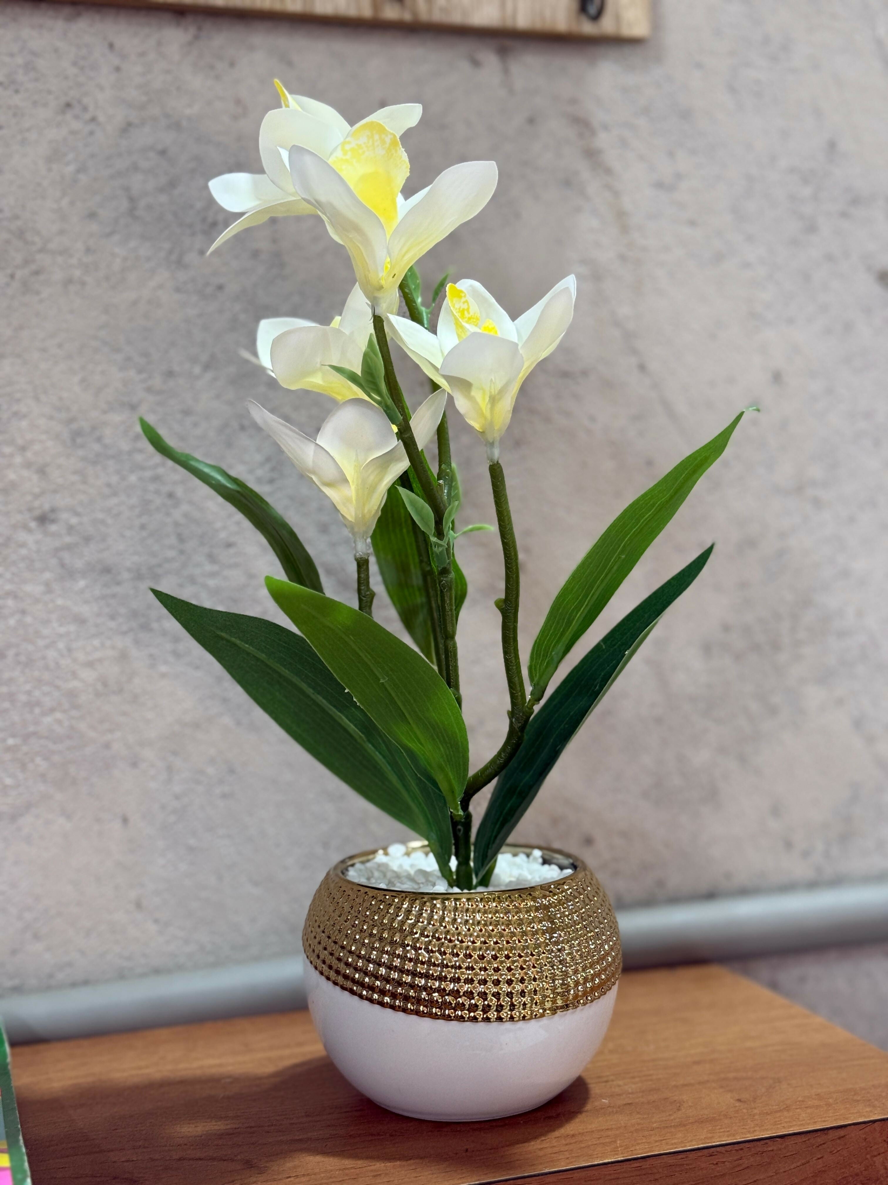 Elegant Artificial Cream Yellow Orchid Lily Flower Plant in Round White Pot with Golden Rim – Faux Floral Arrangement with Pebbles for Home, Office, Tabletop & Gifting