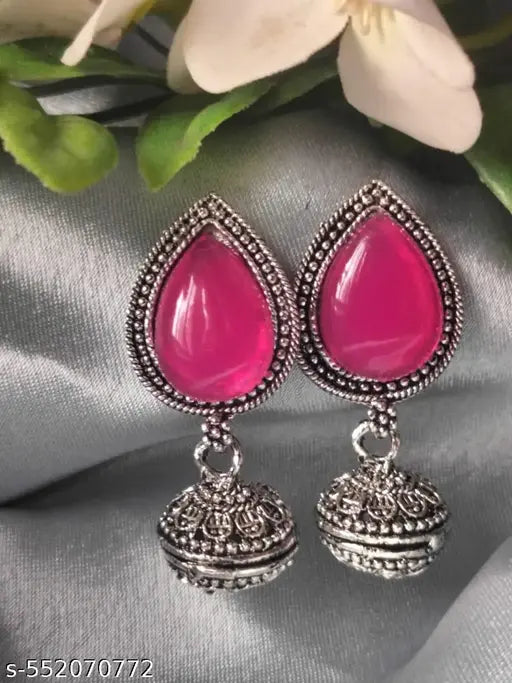 Oxidised Jumka Style Earrings With Pink Stone