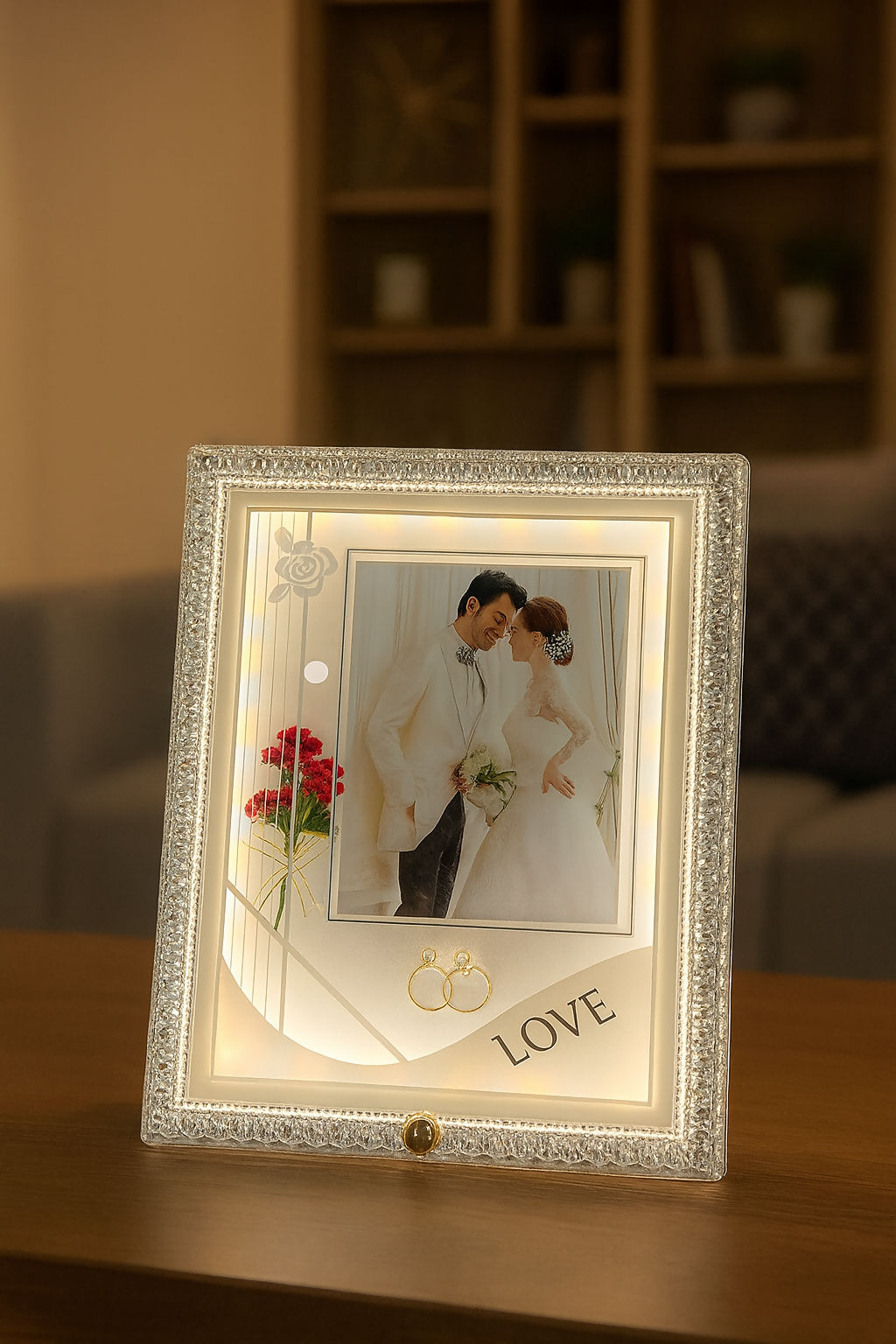 Crystal White LED Wedding Photo Frame | Elegant Square Illuminated Picture Frame with Decorative Floral Design & Rings | 4x6 Inch Couple Photo Frame | Romantic Gift for Wedding, Anniversary, Valentine’s Day & Home Décor