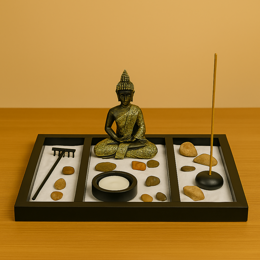 Buddha Zen Garden Kit – 3-Section Meditation Tray with Sand, Rake, Stones, Incense Stand & Tealight Holder – Mindfulness Desk Decor