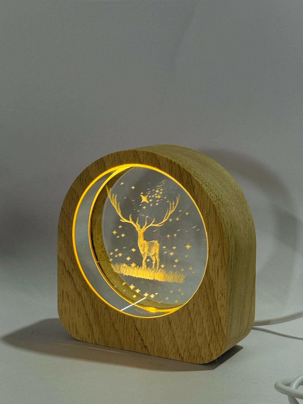 3D Deer in Forest Scene Crystal Glass LED Night Lamp with Wooden Frame – USB Powered Table Light with Warm Yellow Glow | Nature-Inspired Bedroom Decor, Night Light & Gift for Animal Lovers