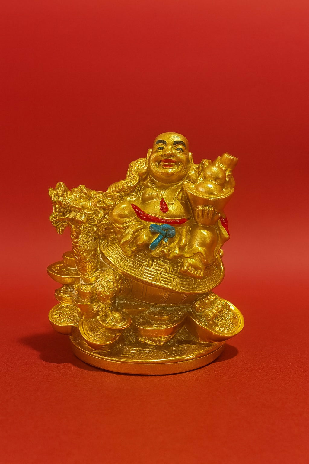 Golden Laughing Buddha Idol Sitting on Dragon Turtle with Wealth Coins – Feng Shui Resin Statue for Luck, Prosperity & Protection – Home & Office Decor Showpiece
