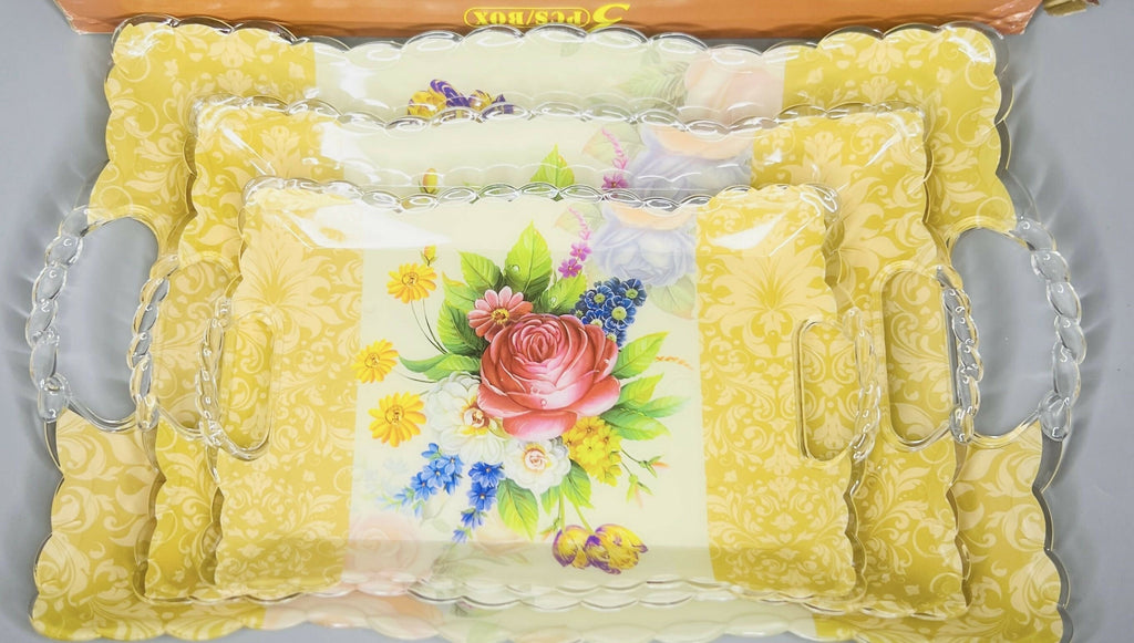 Elegant Floral Print Plastic Serving Tray Set – Pack of 3 (Golden Yellow with Multicolor Flowers)