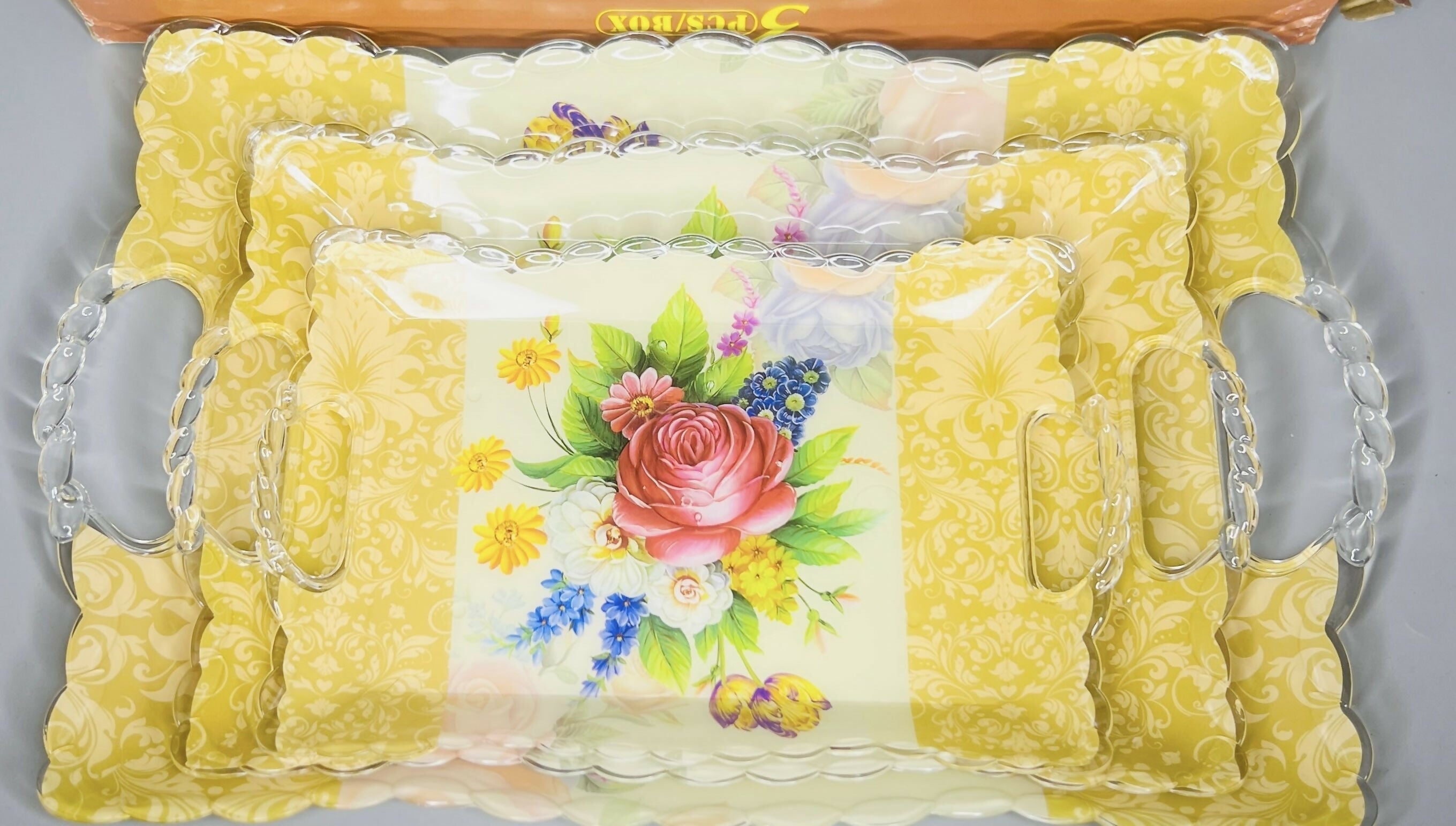 Elegant Floral Print Plastic Serving Tray Set – Pack of 3 (Golden Yellow with Multicolor Flowers)