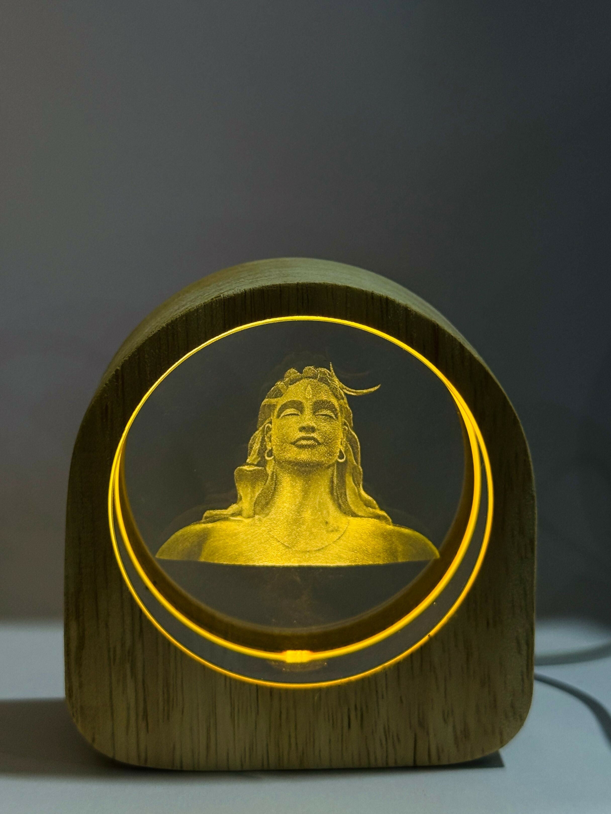 Premium Wooden Frame LED Night Lamp with 3D Lord Shiva Laser Engraved Crystal Glass – Touch Sensor Light | Home Décor Spiritual Gift for Office, Bedroom, Pooja Room | USB Powered Table Lamp (Yellow Glow)