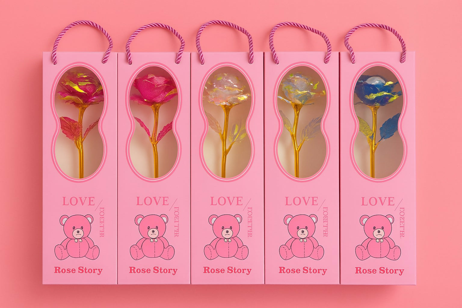 Set of 6 Golden Foil Artificial Rose Flowers in Pink Gift Boxes – “Love Together” Rose Story Packaging with Teddy Print – Romantic Gift Set for Valentine’s Day, Anniversary, Return Gifts
