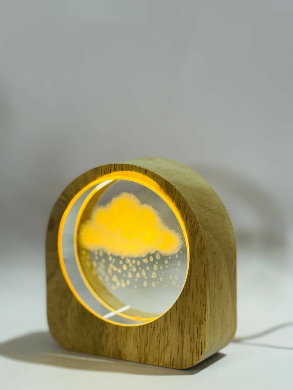 Rain Cloud Theme 3D Crystal Glass LED Night Lamp with Wooden Frame – USB Powered Table Light with Warm Yellow Glow | Nature-Inspired Mood Lamp for Bedroom, Kids Room, Study & Gift Decor