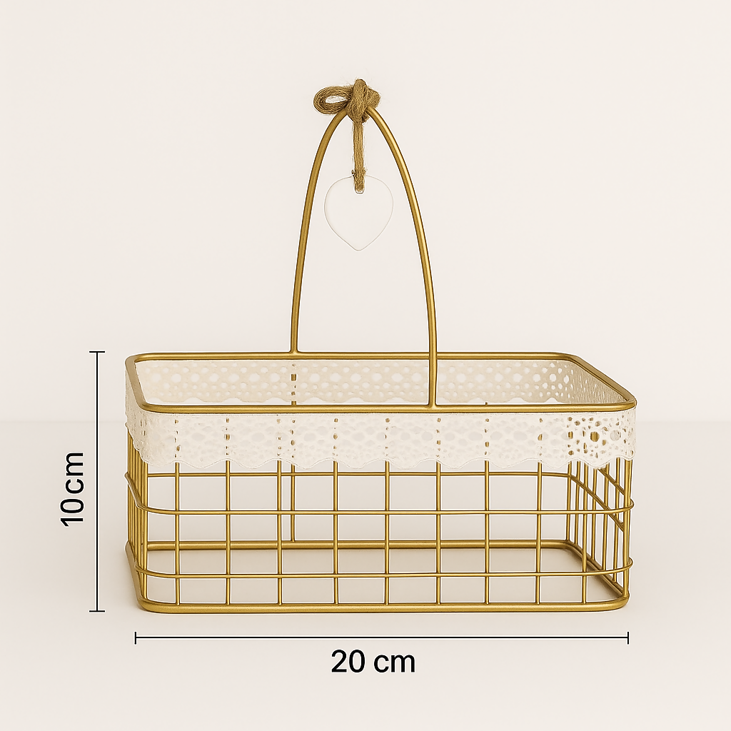 HOME DECOR Elegant Golden Metal Storage Basket Set of 2 with Lace Trim – Vintage Decorative Organizer Caddy for Kitchen, Bathroom, Vanity, Craft, Gift Hampers & Home Decor